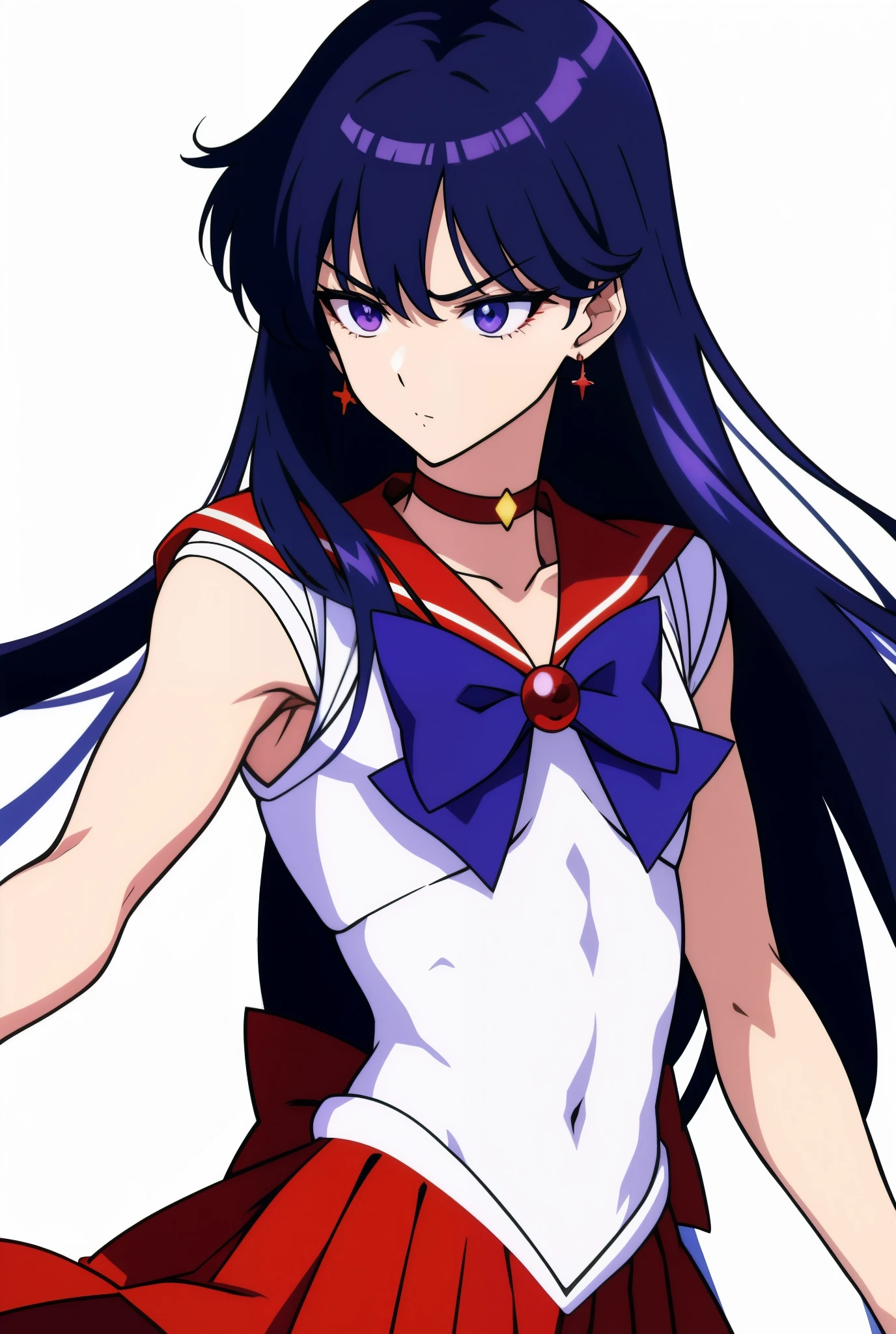 highest quality anime art、masterpiece、high definition anime art、4Kstyle、High resolution、sailor mars、anime boy、かっこいいanime boy、gender change、gender change(Girl to boy)、sailor warrior uniform、Rei Hino、Male Body、solo、red sailor collar、blue bow tie、A boy with very long black hair、Flames around him、skirt、magical boy、red choker、white leotard、high leg leotard、white dress, traditional_media、fire、liparker_(medium)、red skirt、neck、Upper body、burning、long gloves、wearing makeup、jewelry、A golden circlet on the forehead、glaring at、white gloves、eyelash、red lipstick、mocking、muscular man、flame、blue_bow、mini skirt、pleated skirt、bare shoulders、red_back_bow、Muscular and strong body、blue_bow_tie、earrings、boy with purple eyes、Dark eyed boy、multicolored_background、covered_navel、Hymn to the King as a Prince、(1990s\(style\):0.9)、