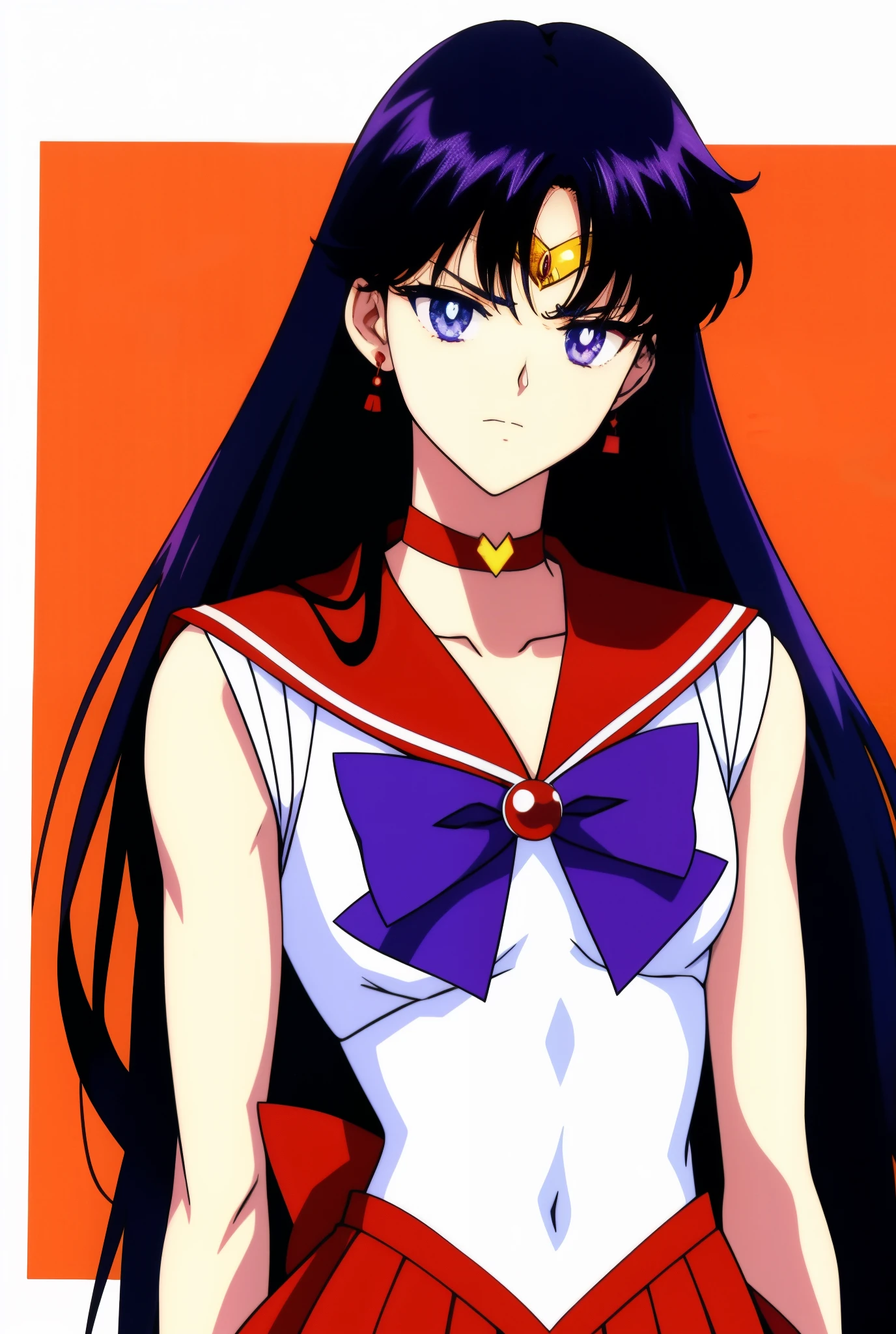 highest quality anime art、masterpiece、high definition anime art、4Kstyle、High resolution、sailor mars、anime boy、かっこいいanime boy、gender change、gender change(Girl to boy)、sailor warrior uniform、Rei Hino、Male Body、solo、red sailor collar、blue bow tie、A boy with very long black hair、Flames around him、skirt、magical boy、red choker、white leotard、high leg leotard、white dress, traditional_media、fire、liparker_(medium)、red skirt、neck、Upper body、burning、long gloves、wearing makeup、jewelry、A golden circlet on the forehead、glaring at、white gloves、eyelash、red lipstick、mocking、muscular man、flame、blue_bow、mini skirt、pleated skirt、bare shoulders、red_back_bow、Muscular and strong body、blue_bow_tie、earrings、boy with purple eyes、Dark eyed boy、multicolored_background、covered_navel、Hymn to the King as a Prince、(1990s\(style\):0.9)、