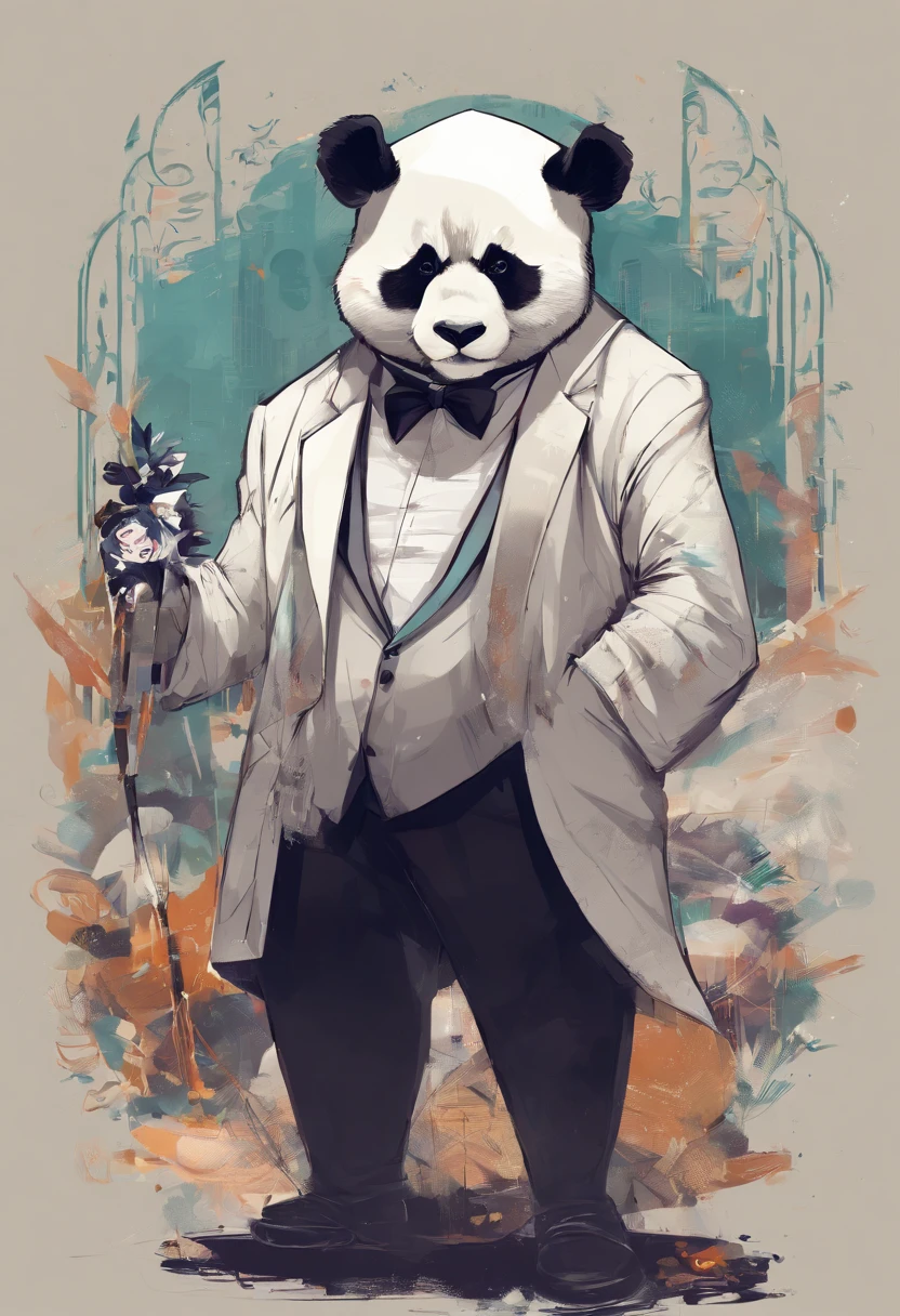 anthropomorphic panda, de cuerpo entero, vestido formalmente con un blazer, sostiene una bandeja, pegatina de panda, sticker de panda.