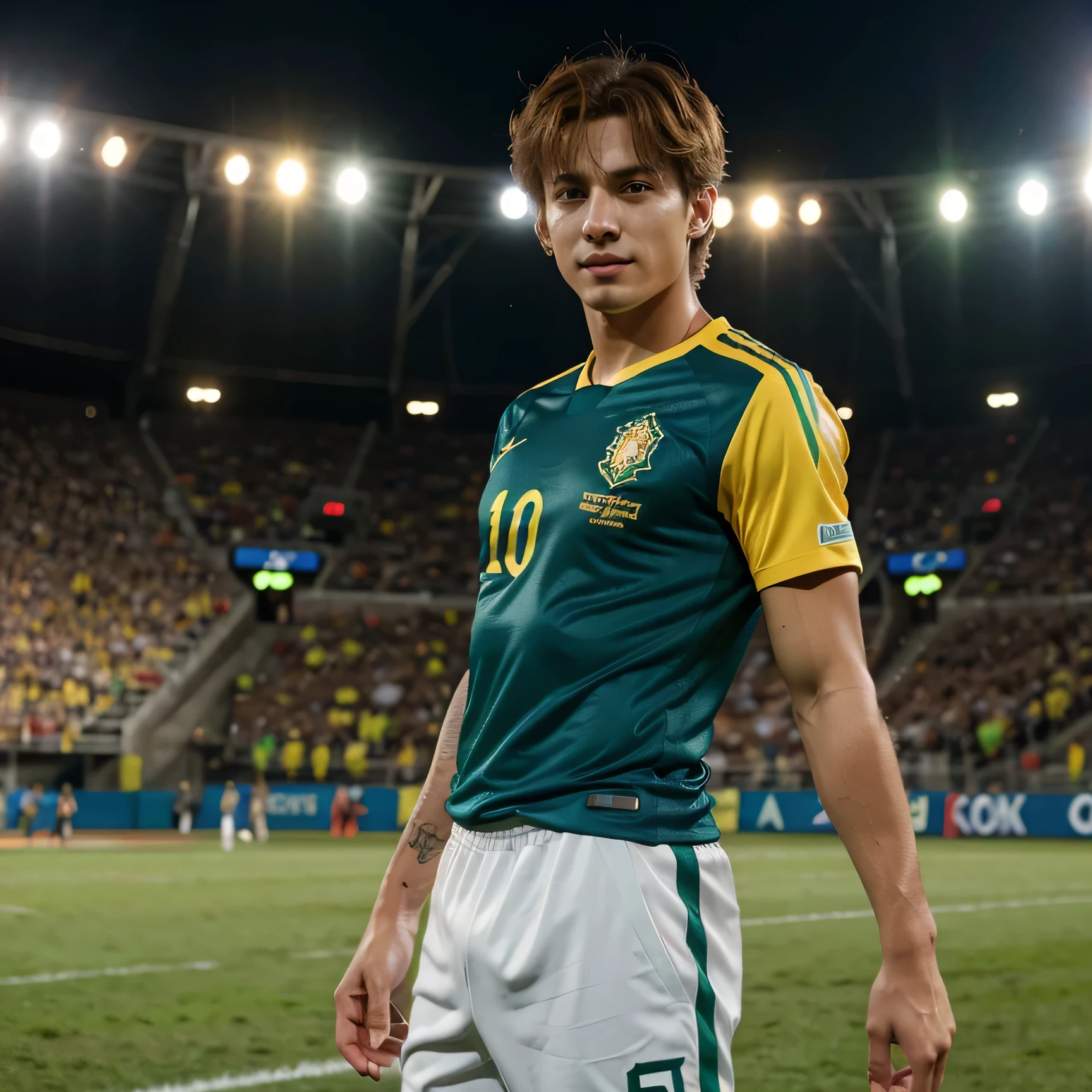 Jungkook,BTS member,Brazilian national team shirt,Brazil national football team uniform,strawberry blonde hair,mesmerizing brown eyes,wearing a confident smile,lean and fit physique,stadium background,crowded fans,excellent lighting,captivating composition,realistic rendering,high resolution,ultra-detailed,professional portrait,striking colors,vibrant green grass,sharp focus.