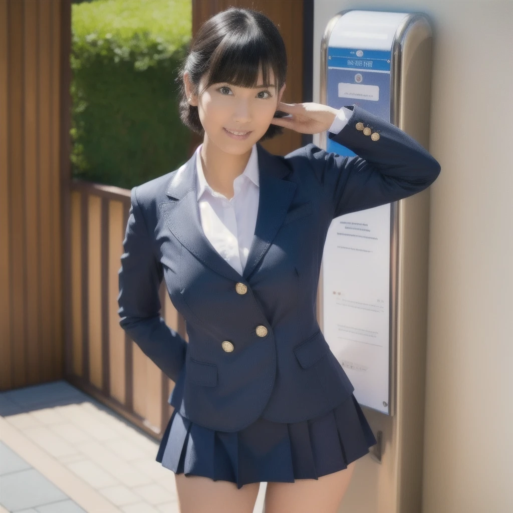 ((highest quality, 8K, Representative works in detail, ultra high resolution:1.5)),((looking at the viewer:1.5)),(whole body:1.4),(smile:1.5),(school uniform:1.5)),((navy skirt:1.4)),((navy blazer:1.4)),((big breasts:1.5)),((Slender:1.4)),((mini skirt:1.5)),((Erect nipples visible even through clothing:1.6)),((Legs spread out to the side:1.6)),((I'm not wearing underwear:1.5)),((Showing off her crotch:1.6)),((Realistic vagina down to the last detail:1.6)),short hair,((hands behind head:1.5)),((Please button your shirt:1.5)),((uniform:1.4))