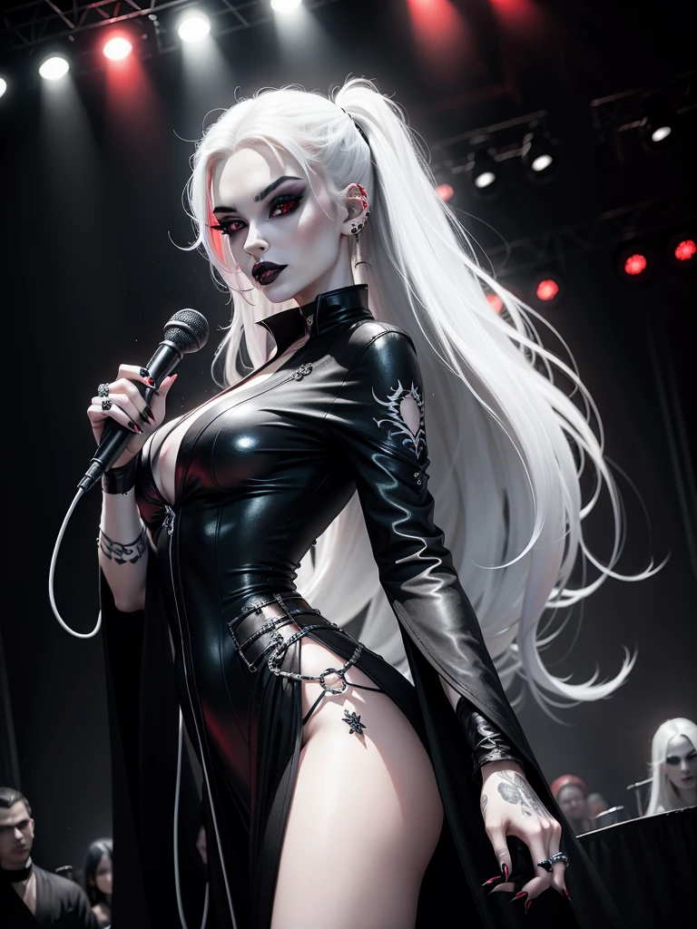 Gothic, on stage, Super vibrant music lights, female, 1girl, solo, human,Caucasian  woman, woman, ((pale skin, red eyes)), (straight hair, long hair, white hair), black lipstick, black eye shadow, make-up, beautiful, black nails , piercings, pierced ears, wearing long robe, black robe, holding microphone 