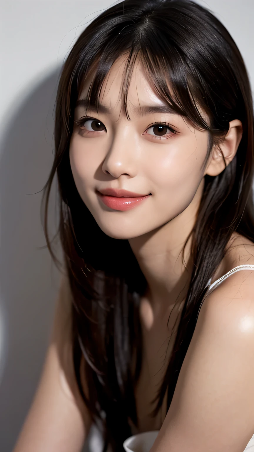 (RAW photo, highest quality)(8k, highest quality, masterpiece: 1.2), Super detailed, super resolution, (realistic, realistic photo: 1.37), portrait, High resolution RAW color photo, professional photos, High resolution and beautiful, very delicate and beautiful, High resolution, 8k image wallpaper, amazing details, huge file size, high detailed beautiful girl, Super detaileded face, very fine eyes, Very fine skin, very thin fingers, very small nose, Highly detailed detailed mouth, perfect anatomy, simple background, gray wall, realistic lighting, light shines on your face, 1 girl, (20:1.2), 20 generations, cute girl, Like an idol, realistic body, glowing skin, because I'thin, black hair, cute, cute face, lively face, delicate eyes, source order, looking at camera, ((positive)), (Fair skin), waist shot, bangs, round face, smile, close up of face, Happy very delicate and beautiful, wonderful, finely, masterpiece, Super detailed, High resolution, (best shadow), , super detailed, very beautiful eyelashes, natural eyes