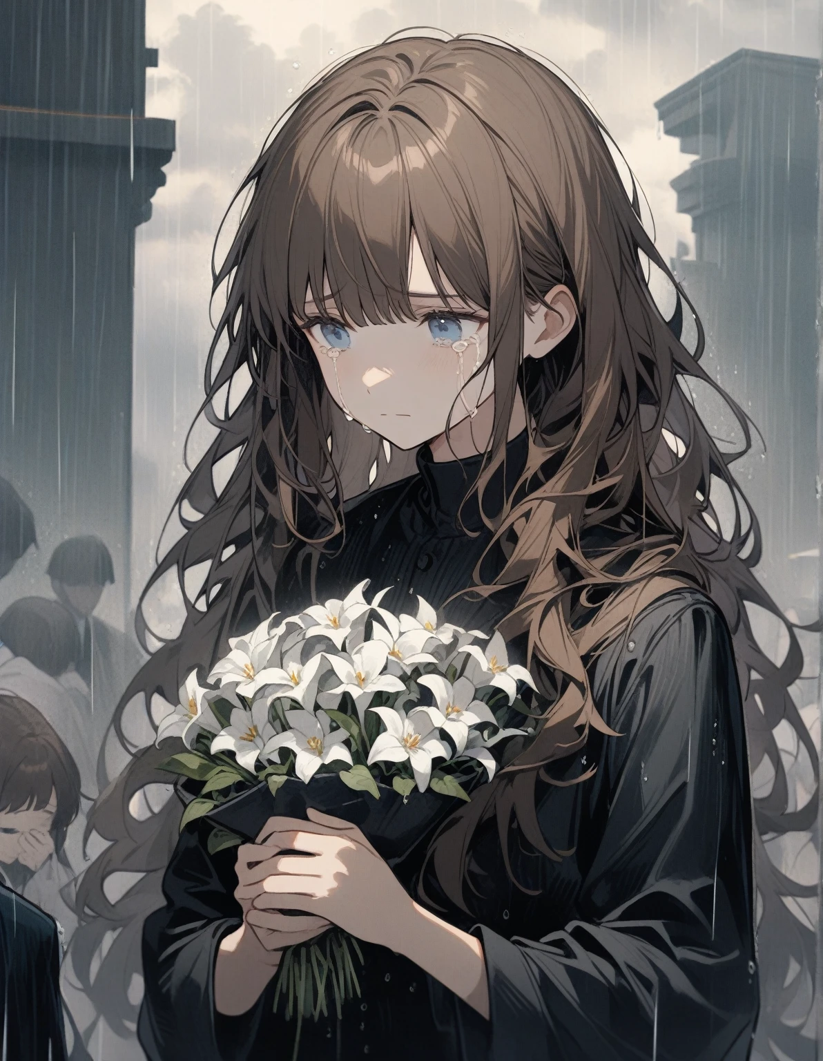 1 girl, brown hair, blue eyes, long hair with bangs, disheveled hair, dressed in a black dress and a black jacket, white flowers in her hands, crying, sad, very sad, funeral, outside, rain, cloudy, delicate tones