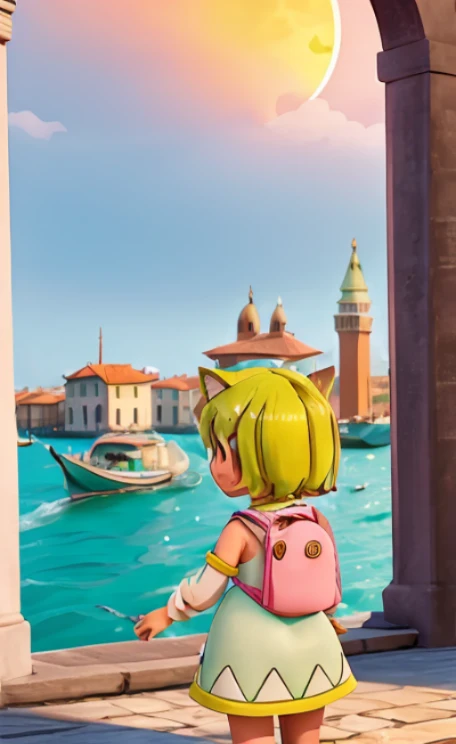 ,1girl, solo, green hair, open mouth, cat ear, tail, detached sleeves, dress, clothes, backpack, randoseru, Venezia, beautiful city with a view of the ocean, sunset, she is watching the sunset,cute girl pose,