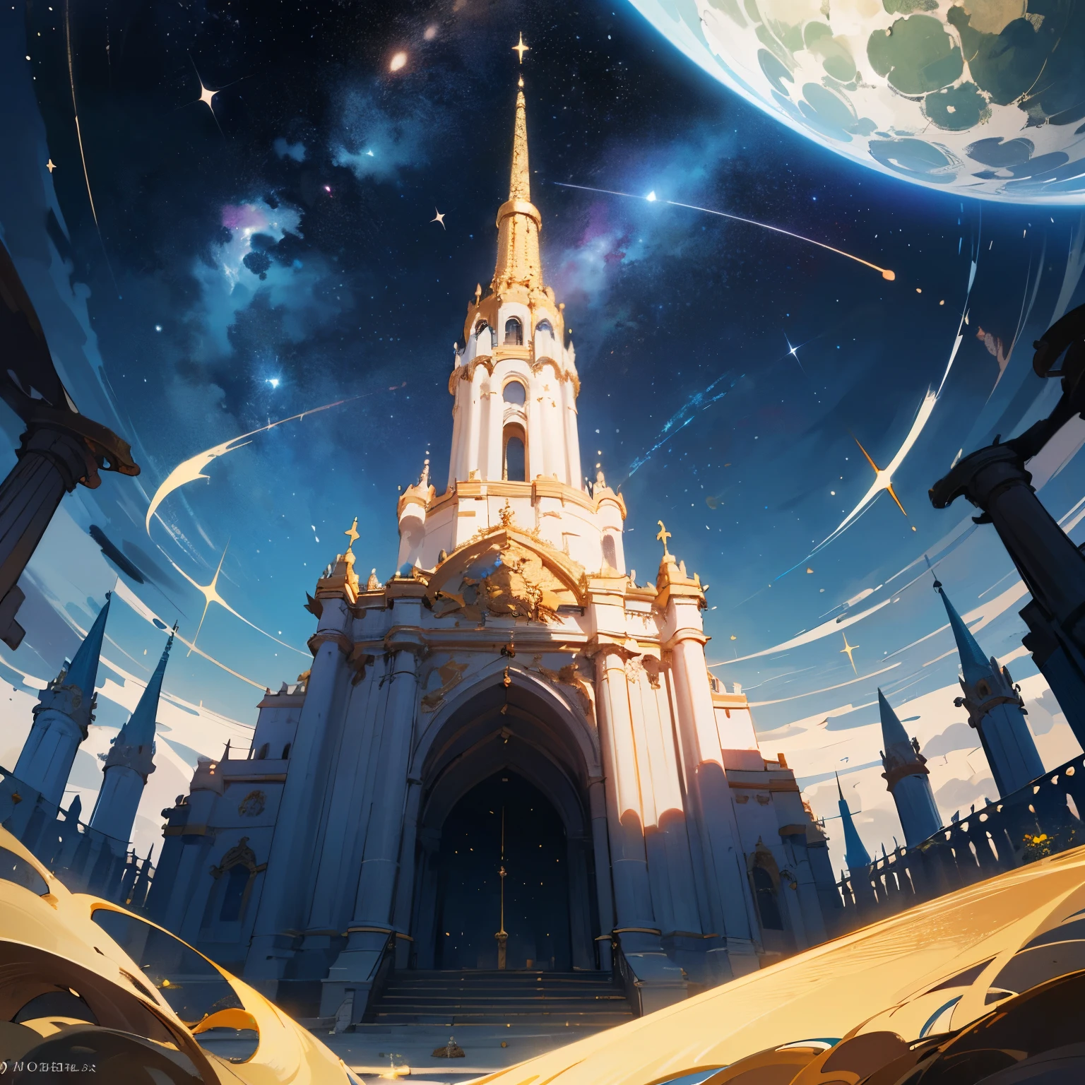 The image must be horizontal, with dimensions of 2000x2000 pixels, capturing the celestial splendor of the Star Library described in the passage.
The scene unfolds with the towering spires of the Star Library reaching towards the star-studded heavens, their celestial architecture intricately detailed and illuminated by the soft glow of distant constellations. The library's grand entrance is adorned with a vibrant garden of pulsating blue and red blooms, emitting an ethereal glow that harmonizes with the cosmos.
As viewers delve deeper into the image, they encounter the monumental main entrance, a massive lunar stone door embedded with sparkling gems reflecting starlight. Golden reliefs depicting mythical figures and arcane symbols narrate the universe's ancient tales, inviting viewers to embark on a journey of cosmic discovery.