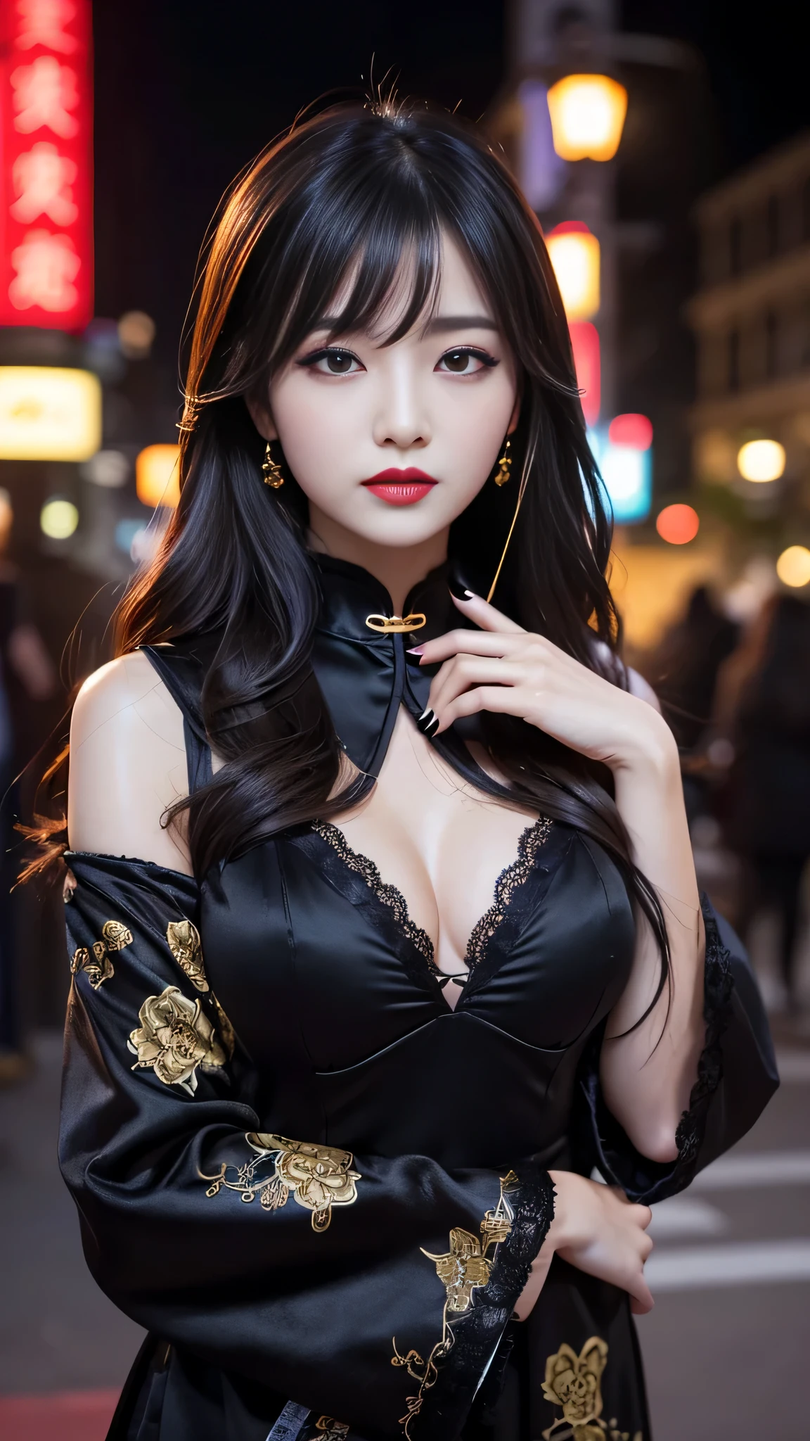 tra-detailed、Japanese、attractive beauty、seductive adult woman、pretty woman、piercing eyes、cool girl、wavy hair、swept bangs、Long Black and Gold Cheongsam、wide sleeves、Evil cadres、evil depravity、brainwash、mind control、lipstick、lip gloss、dark makeup、smirk、whisper in your ear、Evil expression、evil、hollow eyes,half-closed eyes、empty eyes、evil、church at night、vampire、succubus、vampire、Swear allegiance、sexy pose、hair ornaments、