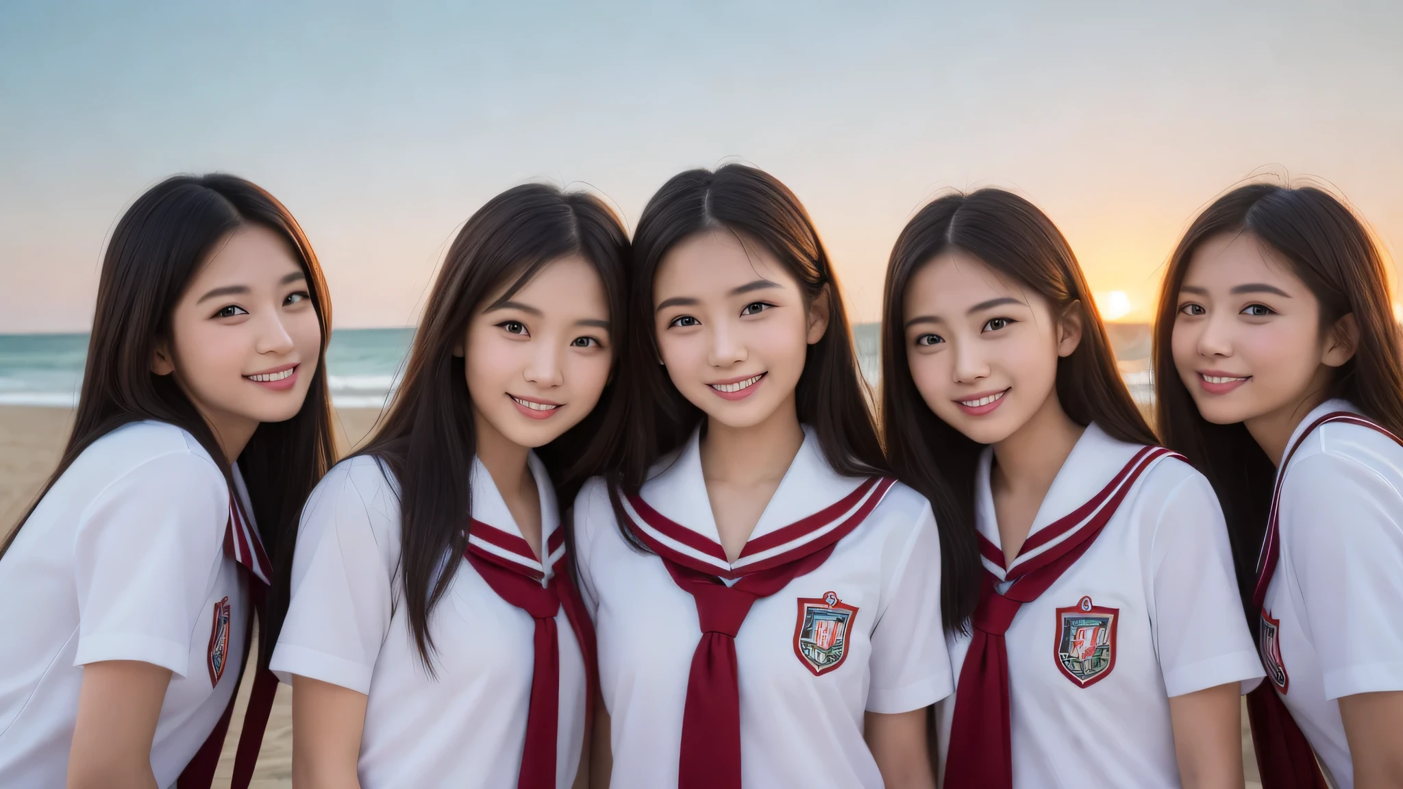 (1girl), (big smile), beautiful face, Amazing face and eyes, delicate, (Best Quality:1.4), (Ultra-detailed), (extremely detailed beautiful face), (princess hair cut style), cute smile, brown eyes, (highly detailed Beautiful face), (summer high school uniform:1.3), (extremely detailed CG unified 8k wallpaper), Highly detailed, High-definition raw color photos, Professional Photography, Realistic portrait, evening, Extremely high resolution, smiling, modern, trendy, fashionable, Group photo of high school girls, face close-up, (beach)