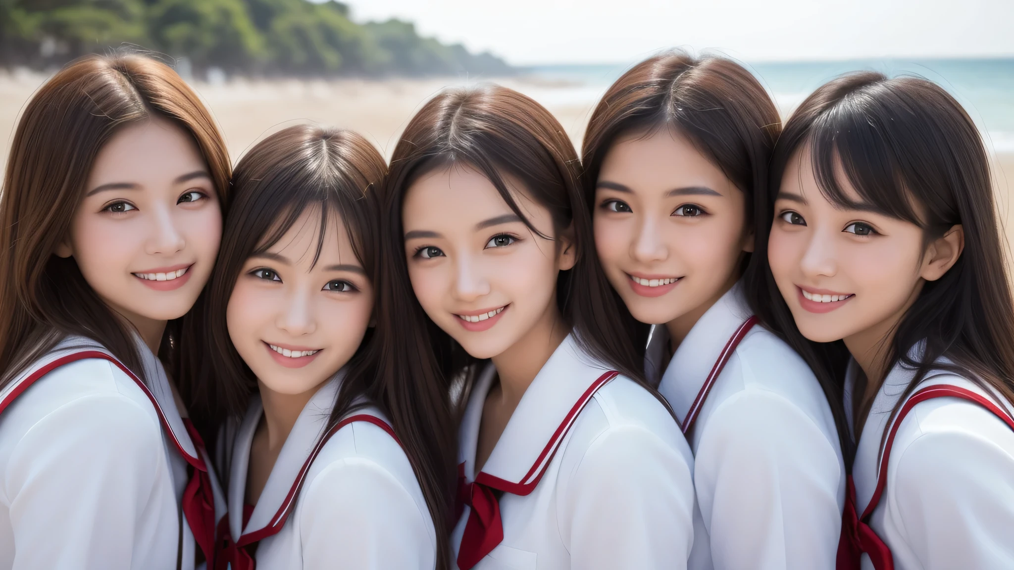 (1girl), (big smile), beautiful face, Amazing face and eyes, delicate, (Best Quality:1.4), (Ultra-detailed), (extremely detailed beautiful face), (princess hair cut style), cute smile, brown eyes, (highly detailed Beautiful face), (summer high school uniform:1.3), (extremely detailed CG unified 8k wallpaper), Highly detailed, High-definition raw color photos, Professional Photography, Realistic portrait, evening, Extremely high resolution, smiling, modern, trendy, fashionable, Group photo of high school girls, face close-up, (beach)