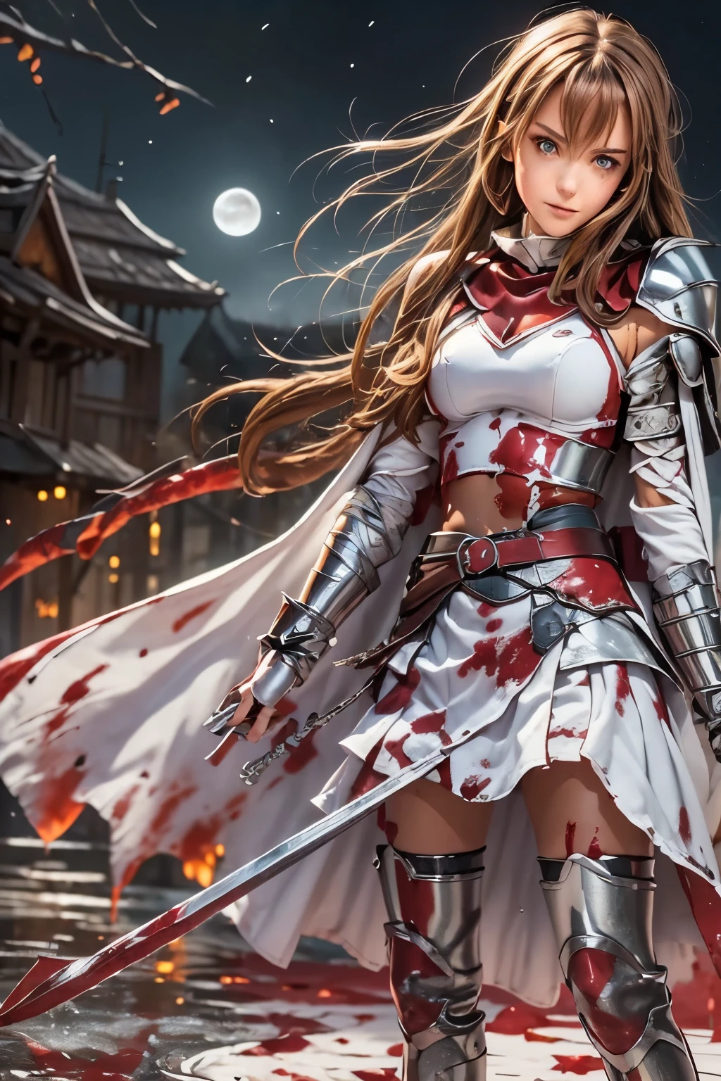 8k,(Asuna(sao): 1.6),one Girl, Solo,(perfect anatomy:1.43), (medium Hair:1.55) ,(Half Up:1.45),Bangs, Brown Eyes,Fine Eyes,(sad smile:1.3),white thighhighs,(Brown Hair:1.6),blood-soaked boots,(18 years old:1.5),Full Body,(fusion of bloody white silver full plate armor and blood-soaked long cape:1.63),(Bare Shoulders:1.5),(mini Skirt:1.26),(holding blood-soaked one rapier:1.43),(standing on moonlit night blood pool battlefield:1.52),Fantasy,(blood effect:1.53),pov,eye-level view,(drop shadow:1.21)