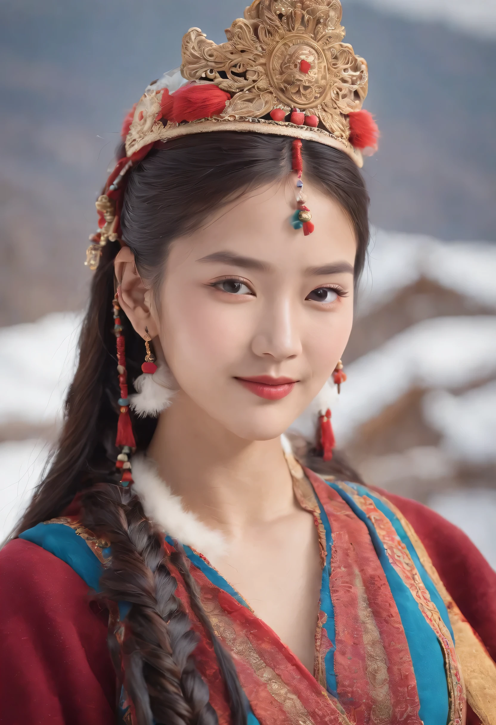 a girl, long braids, tibetan girl, Frontal featured, Raise your head slightly, Smile, protrait photo, Upper body, Half-length photo, Tibetan clothing, colorful clothing, navy blue Tibetan clothing, plush collar, Plush collar, Luxury Tibetan clothing, Complex Tibetan clothing design, cold clothes, winter clothing, Outstanding appearance, round face shape, Gorgeous costumes, Bulky Tibetan necklace, Bulky Tibetan headgear, Colorful headband, Live CG, Sweet style, style, HD 4K, photography effects, Studio effect, white glow, Mythical wind, Snowfield background, character core, Aspect ratio 16:9, facial mask fresh,32k
