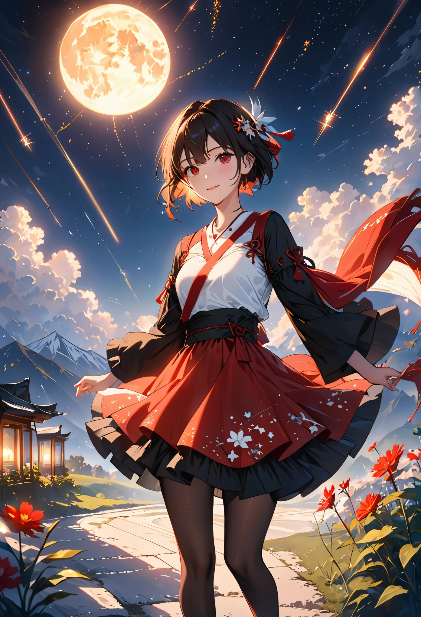 clear,Sunny morning sun,Many bright stars,A lot of meteors,clear,red eyes,short hair,Two dimensions,black sleeves,top quality, masterpiece,hair accessories, necklace, jewelry, pretty face, calm smile, , Tyndall effect,edge lighting, two color lights, (HD skin:1.2), 8K Ultra HD, soft light, high quality, Volumetric lighting, admit, photography, High resolution, 4K, 8K, Bokeh,boots,very high,Shoulder straps,skirt,skirt,black pantyhose,slender hands,short hairmasterpiece, best quality, outdoor, night, Full moon parted hair, , Moderate, High, calm, Black and red mixed clothing,