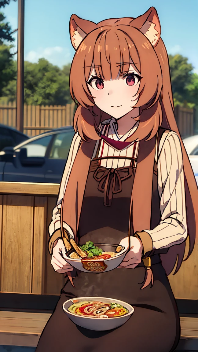 Raphtalia reincarnated in Japan, beauty、brown hair, animal ears, red eyes,small smile、(Look at this:1.8)(full body shot:0.3)japanese street、(Eat ramen at the counter of a ramen shop:1.5)、convenience store、(car:1.8)、Passer-by、(Distant view of modern Japanese urban architecture:1.5)