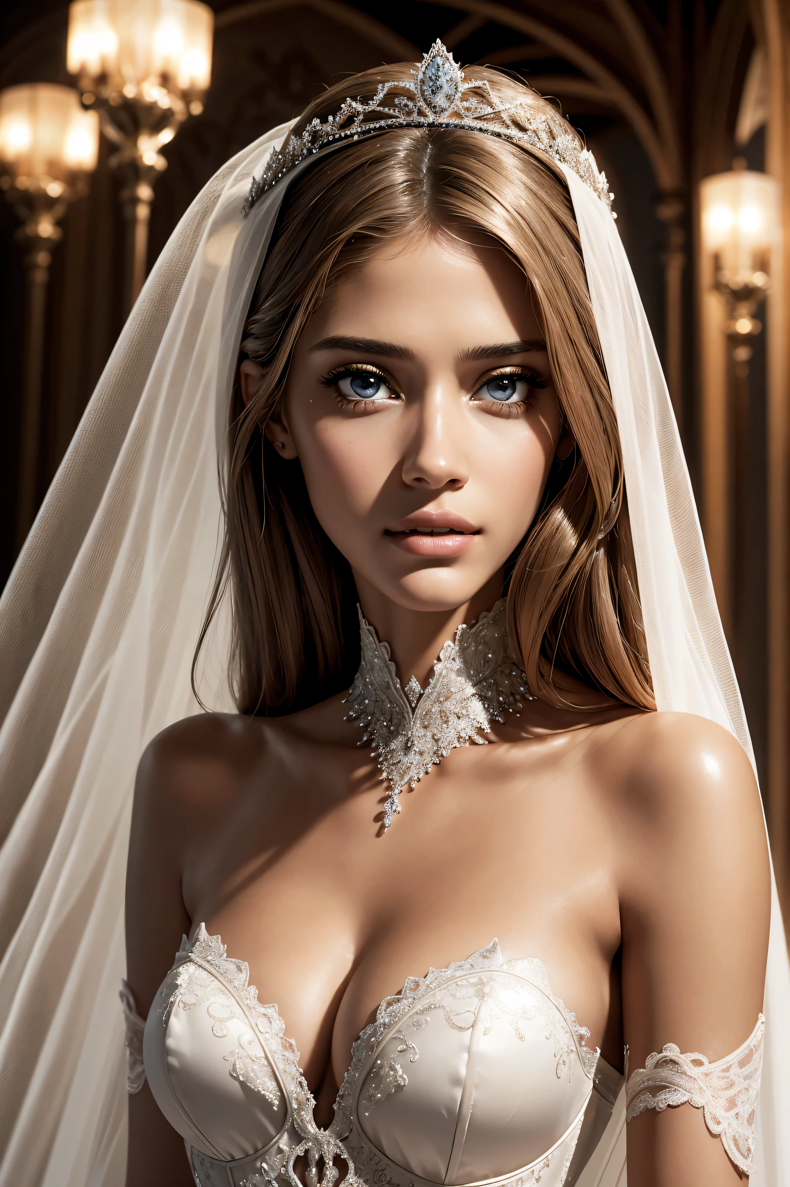 Ana Beatriz Barros, wearing veil bride tiara corset costume transparent. professionally retouched, soft lighting, realistic, smooth face, perfect eyes, sharp focus on eyes, 8 k, high definition, insanely detailed, intricate, elegant. be in the bedroom.
