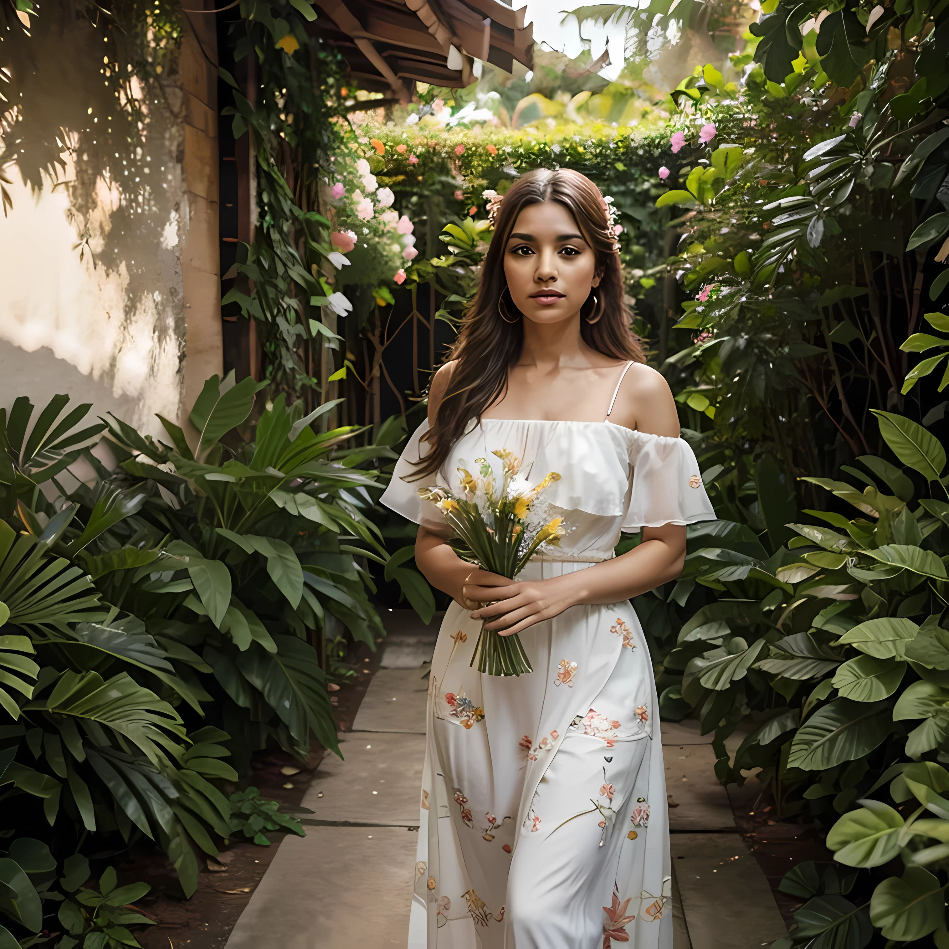 Uma mulher linda passeando pelo jardim florido e cantando