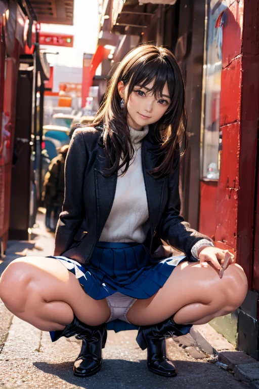 High-definition images, atmospheric perspective, 8K, Super detailed, Accurate, highest quality, (Mr.々Configuration), woman, (Winter clothes, Jacket, skirt), (shy), look away, (droopy eyes), spread her legs, squat, smile, Sweat, (dark downtime, sunset), boots, Downtown Area), Super detaileded panties, (((her long-skirt lining between her legs))), long hair, Realistic Eye Size,