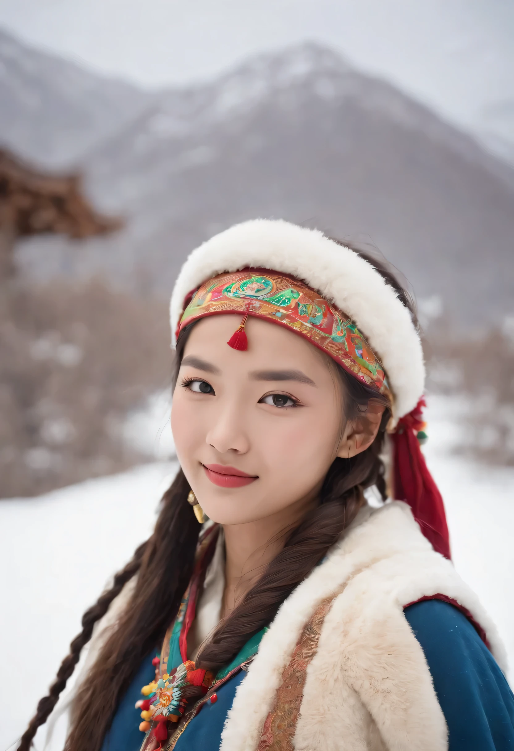 a girl, long braids, tibetan girl, Frontal featured, Raise your head slightly, Smile, protrait photo, Upper body, Half-length photo, Tibetan clothing, colorful clothing, navy blue Tibetan clothing, plush collar, Plush collar, Luxury Tibetan clothing, Complex Tibetan clothing design, cold clothes, winter clothing, Outstanding appearance, round face shape, Gorgeous costumes, Bulky Tibetan necklace, Bulky Tibetan headgear, Colorful headband, Live CG, Sweet style, style, HD 4K, photography effects, Studio effect, white glow, Mythical wind, Snowfield background, character core, Aspect ratio 16:9, facial mask fresh,32k