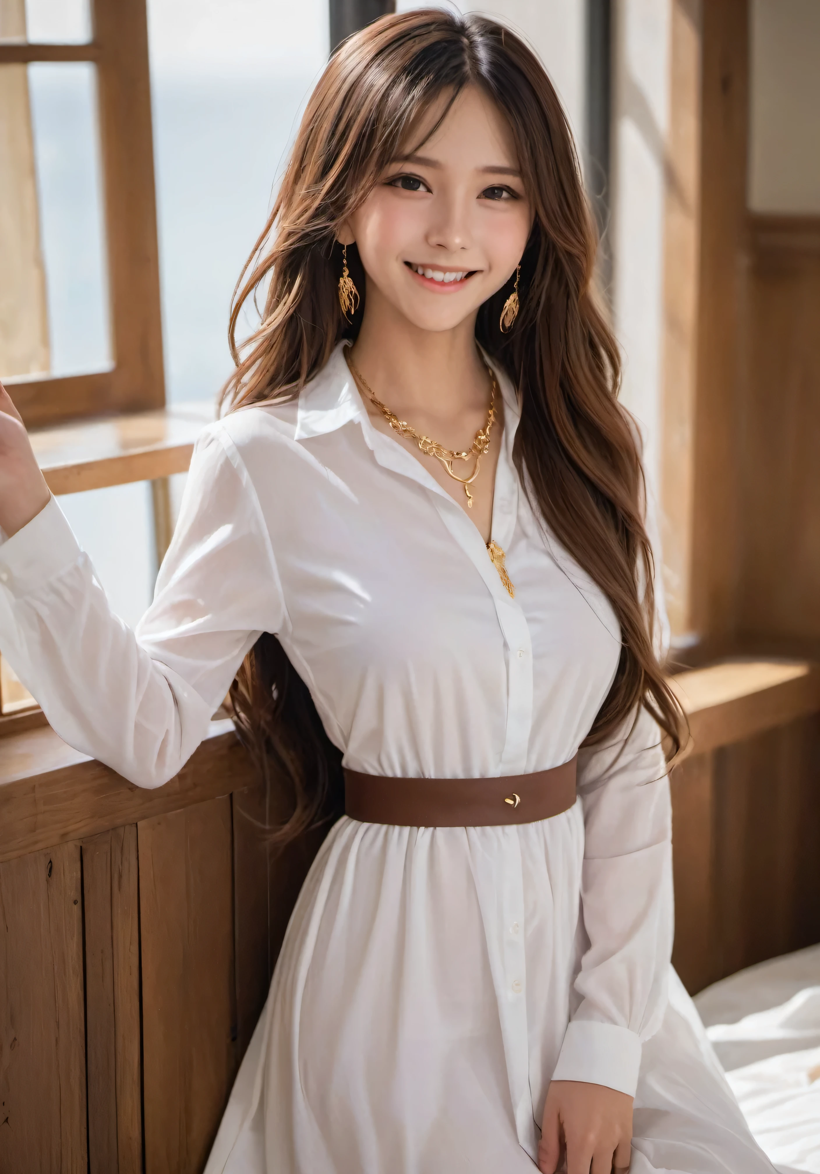 photograph、confusion、High resolution、Super fine、Maid Girl、:d、((Hair with loose inward waves:1.2))、((gold necklace_Larger Earrings:1.2))、((Super long brown hair:1.2))、((White shirt dress:1.4)、((shy smile:1.3))、((Long straight hair that reaches down to the waist_Hair:1.3))