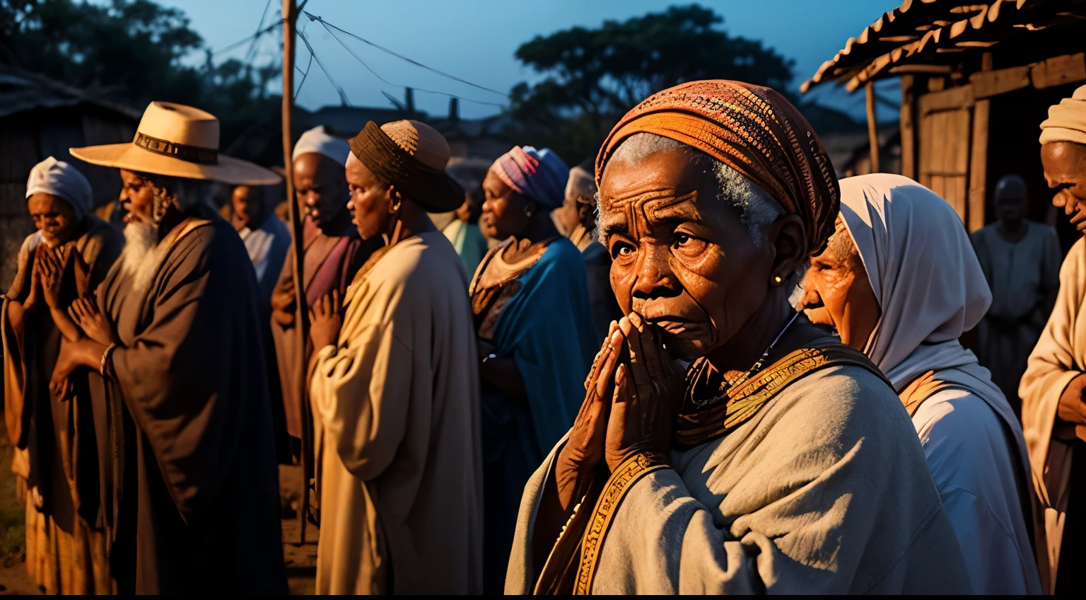 Crowd of scared African village old people, povo africano com medo, aldeia africano na mata, a noite, pessoas chorando, old village elders praying 