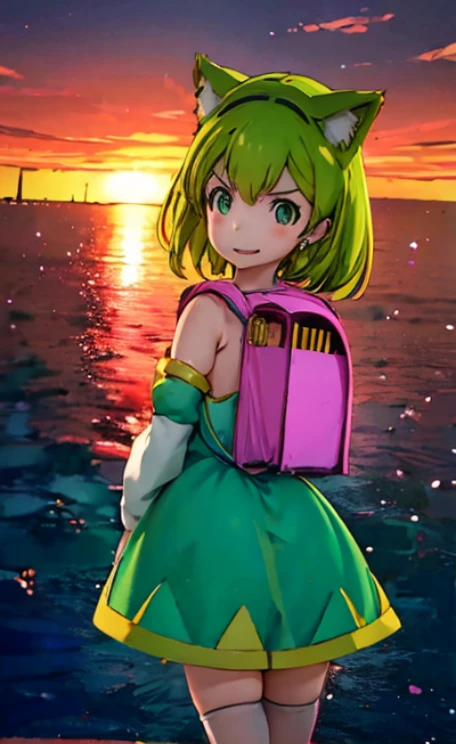 ,1girl, solo, green hair, open mouth, cat ear, tail, detached sleeves, dress, clothes, backpack, randoseru, Venezia, beautiful city with a view of the ocean, sunset, she is watching the sunset,cute girl pose,