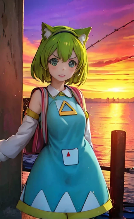 ,1girl, solo, green hair, open mouth, cat ear, tail, detached sleeves, dress, clothes, backpack, randoseru, Venezia, beautiful city with a view of the ocean, sunset, she is watching the sunset,cute girl pose,