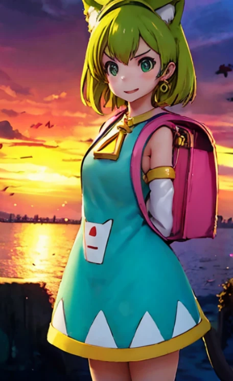 ,1girl, solo, green hair, open mouth, cat ear, tail, detached sleeves, dress, clothes, backpack, randoseru, Venezia, beautiful city with a view of the ocean, sunset, she is watching the sunset,cute girl pose,