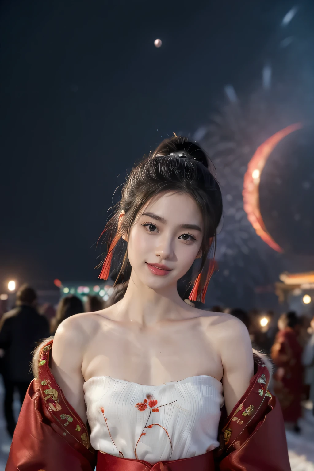 ((((8k))),((Extremely meticulous CG)) ,(wallpaper),16k,((Extremely refined and beautiful)),(((Masterpiece))),(((best qualtiy))),(((Ultra High Resolution))),beautiful light up,Perfect lightning,realistic shaded,[A high resolution],(Smooth and flawless fair skin:1.5),(pale skin:1.3),Extremely exquisite facial details,(perfect body:1.1),ultra-detailed,A beautiful girl,solo,(small head:1.2),(short ponytail:1.1),(small face:1.2),Exquisite makeup,(flat chests:1.2),((slim,thin)),happy,(laughing:1.2),(fur collar:1.2),(Gorgeous Exquisitely embroidered fur edged red hanfu:1.5),(red hakama:1.2),(night scene:1.3),(a bright full moon in the sky:1.5),(outdoor:1.2),(On the street:1.3),(In ancient Chinese town:1.3),(ablaze with lights:1.3),(buildings:1.3),(lanterns:1.2),(detailed background:1.5),(standing:1.3),(upper body:1.3),(from front:1.3),(surrounded by crowded crowds:1.5),(winter:1.3),(fireworks in the sky:1.3),BREAK,(arms behind back:1.3)