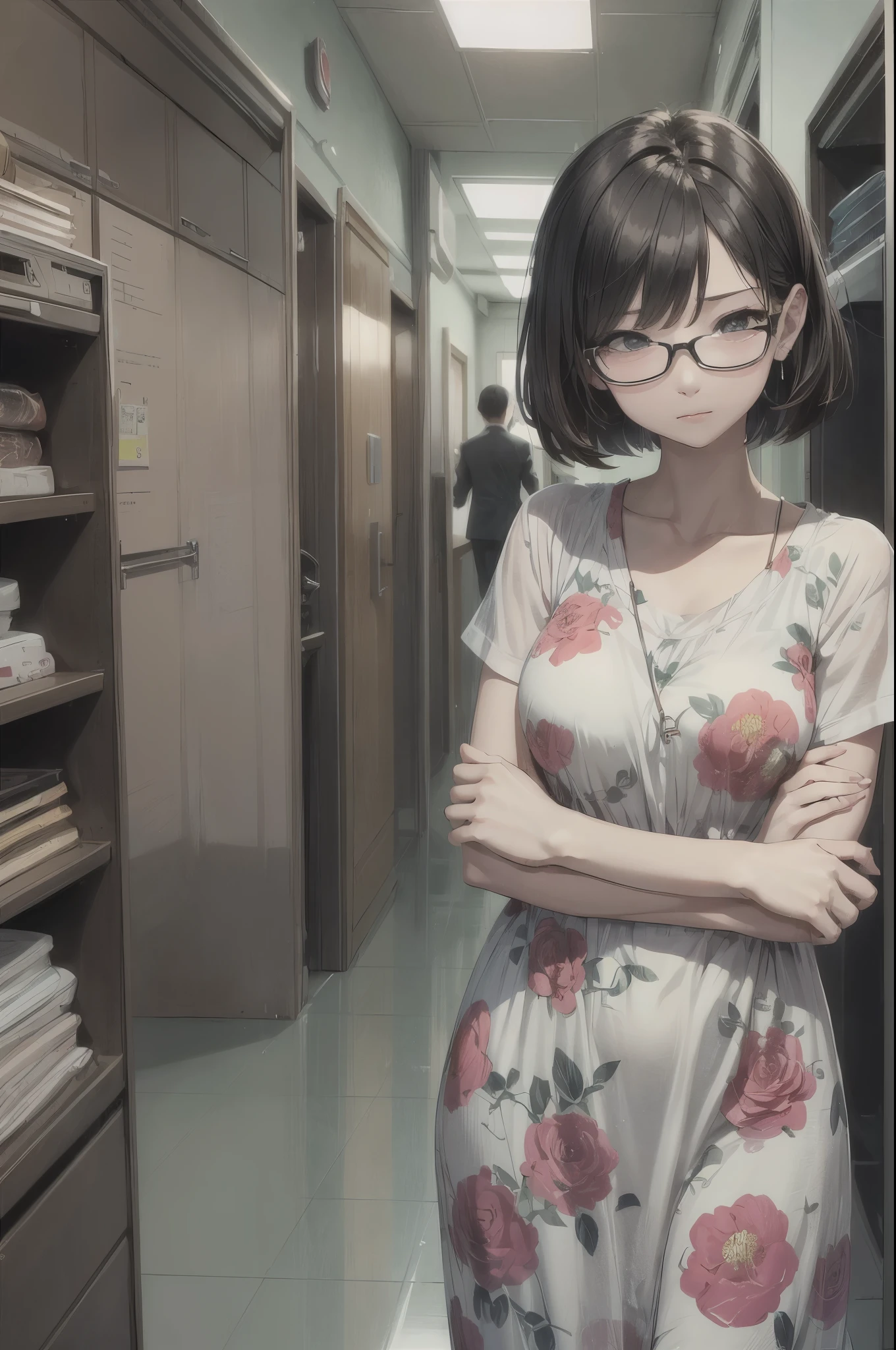 night hotel,inside the room,full body,one 30 years old lady,office lady,slender body,she’s wearing heavy makeup,she’s wearing glasses,brown short bob hair,rage,glaring,serious,fold arms,(she’s wearing maxi length flower patterned dress,pamps)