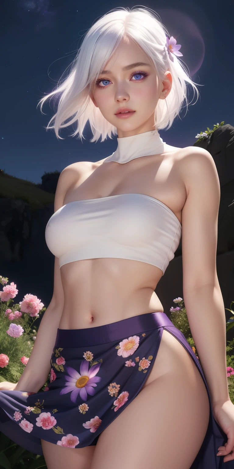 realistic, 1girl, white hair, purple eyes, glowing eyes, crop top, skirt, parted lips, blush, night, flowers, sun, sunlight, naked