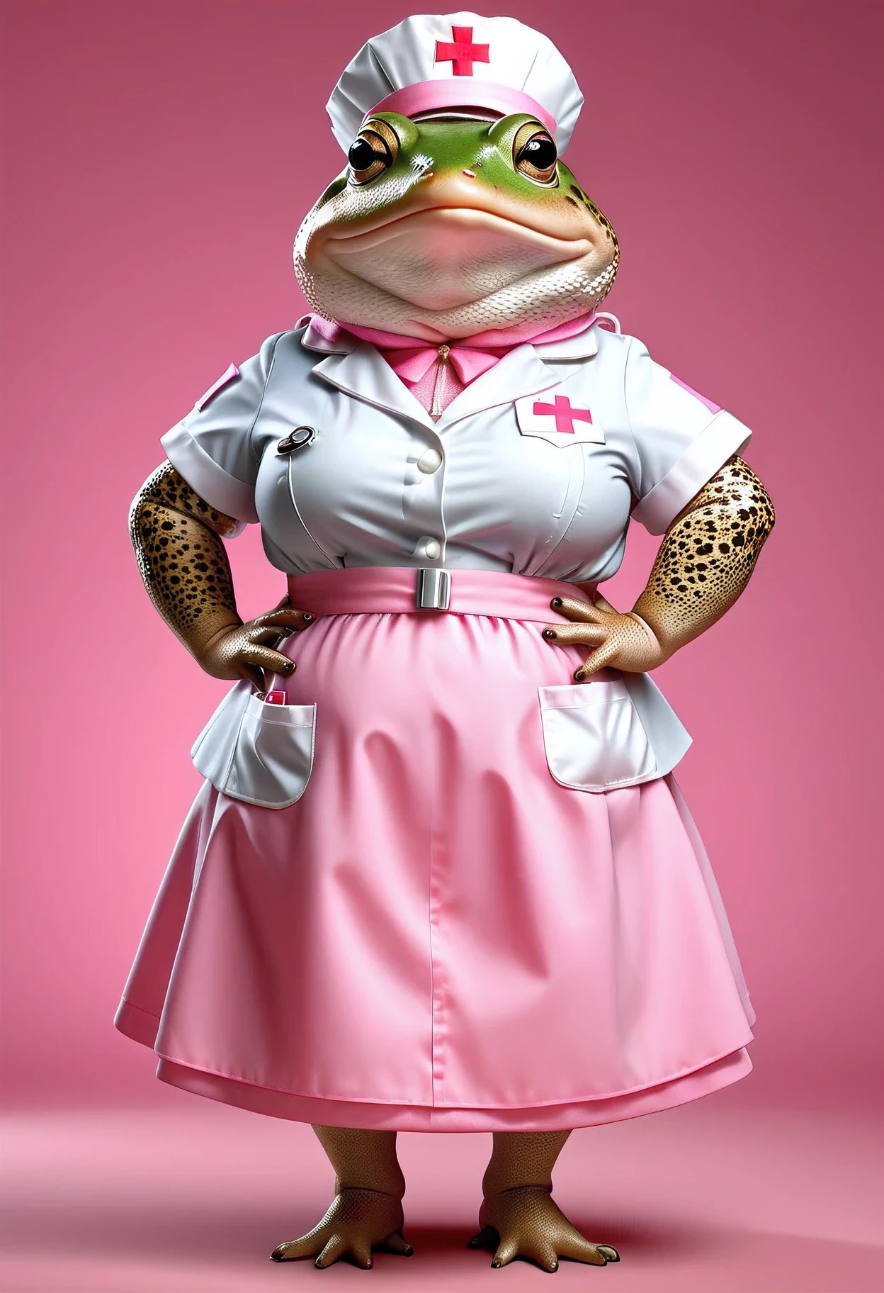 photorealistic portrait of Dressed animals - a ((fat)) toad nurse,(hands on hips:1.2),(), high quality,(lovely) ,intricate details, highly detailed ((pink nurse costume)), wearing nurse cap and skirt , highly detailed medical equipment , (happy), studio lighting,(),(simple background)