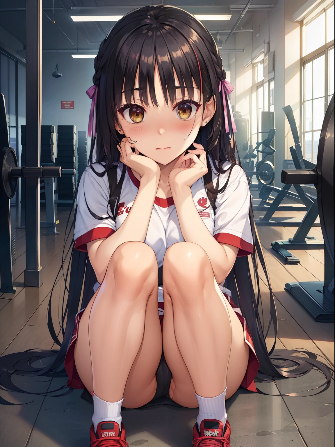 (highest quality, High resolution, perfect pixel, Depth of the bounds written, 4k), beautiful anime girl, beautiful art style,
looking at the viewer,
perfect body,
sntm, 1girl,very long hair, bangs, sidelocks, hair ribbon, braid,
(blush all over the face:1.2),
red sgu,gym uniform, thighs,
gym storeroom,