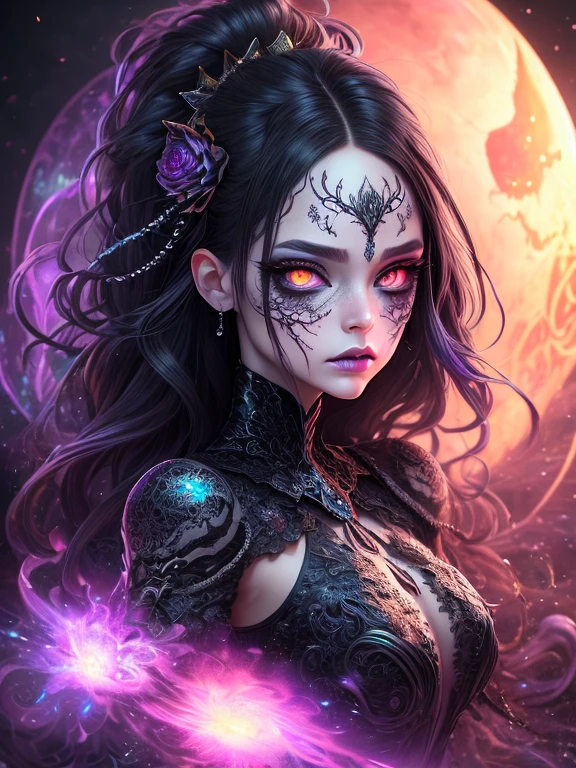 Valeria is a young woman with flowing black hair and intense red eyes. She possesses a captivating face, an alluring figure, and an aura of irresistible charm. She often wears dark attire that enhances her enigmatic appeal.