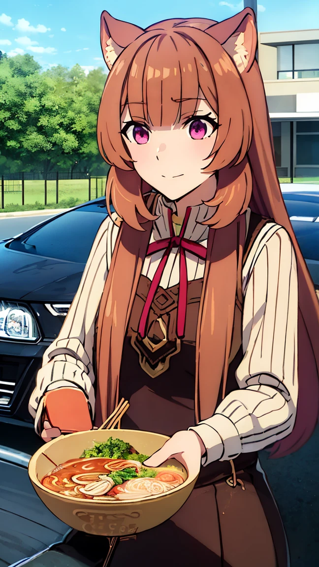 Raphtalia reincarnated in Japan, beauty、brown hair, animal ears, red eyes,small smile、(Look at this:1.8)(full body shot:0.3)japanese street、(Eat ramen at the counter of a ramen shop:1.5)、convenience store、(car:1.8)、Passer-by、(Distant view of modern Japanese urban architecture:1.5)