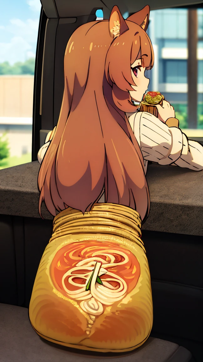 Raphtalia reincarnated in Japan, beauty、brown hair, animal ears, red eyes,small smile、(Look at this:1.8)(full body shot:0.3)japanese street、(Eat ramen at the counter of a ramen shop:1.5)、convenience store、(car:1.8)、Passer-by、(Distant view of modern Japanese urban architecture:1.5)