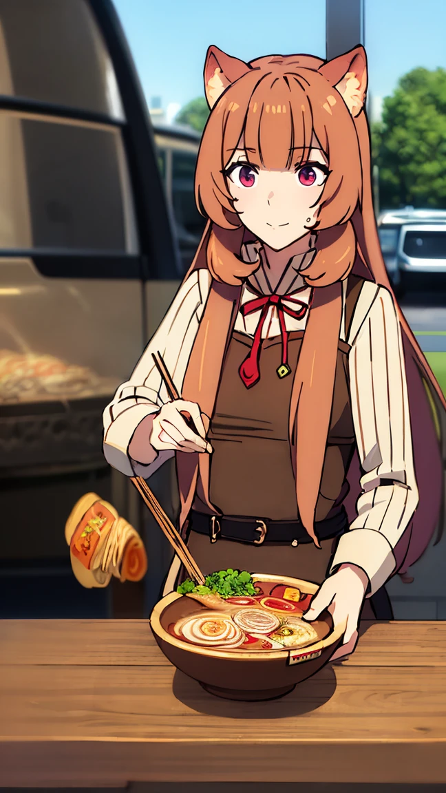 Raphtalia reincarnated in Japan, beauty、brown hair, animal ears, red eyes,small smile、(Look at this:1.8)(full body shot:0.3)japanese street、(Eat ramen at the counter of a ramen shop:1.5)、convenience store、(car:1.8)、Passer-by、(Distant view of modern Japanese urban architecture:1.5)