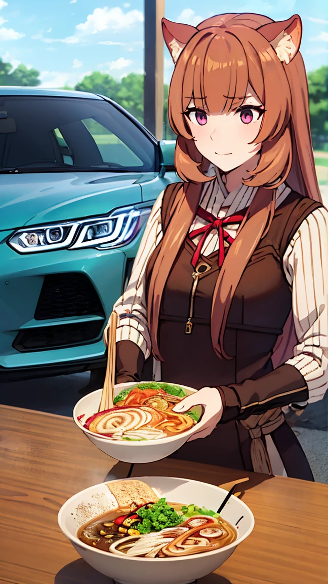 Raphtalia reincarnated in Japan, beauty、brown hair, animal ears, red eyes,small smile、(Look at this:1.8)(full body shot:0.3)japanese street、(Eat ramen at the counter of a ramen shop:1.5)、convenience store、(car:1.8)、Passer-by、(Distant view of modern Japanese urban architecture:1.5)