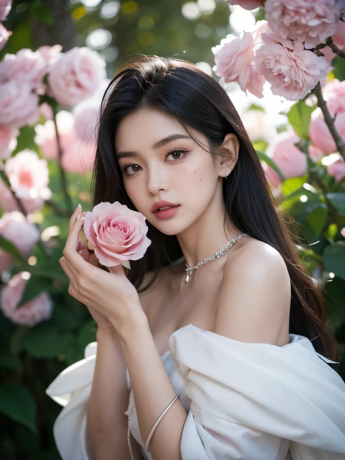 Kim Jennie con el cabello negro oscuro, con rulos en las puntas del cabello negro oscuro, con un ganchito de estrella en el cabello negro oscuro, ojos de color claro, ojos bonitos, nariz bonita y respingada, labios bonitos, labios rosas, heart and cupid shaped lip, piel bonita, piel blanca, con lunares y pecas en todo el rostro, rubor rosa suave en las mejilla, rubor rosa natural, dark and gothic makeup, Jennie gotica, cuello bonito, noticeable collarbones, mirada enojada, con un collar, un collar bonito de beso, mientras tiene un Corset rosa, Corset rosa bonito, vestido con un Corset rosa, mientras muestra sus pechos desnudos, mientras tiene los pezones con dos corazones de papel rosa, tiene los pezonnes con corazones de papel rosa (pechos grandes, pechos suaves, pechos bonitos, pechos naturaleirando a la camara, autofoto 
