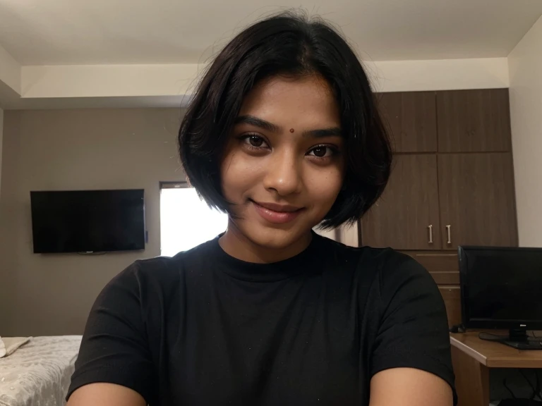 Indian girl, drooping eyes, cute smile, model face, brown skin, 18 years old, big , wearing tight black shirt, selfie, short black hair, looking at viewer, inside room