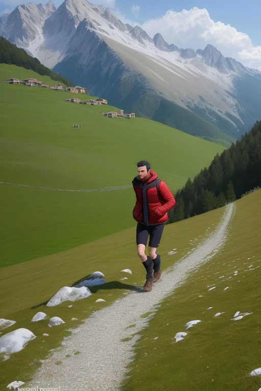 Sfondo, sentiero di montagna con bivio, ora del giorno sera. Uomo di spalle cammina da solo