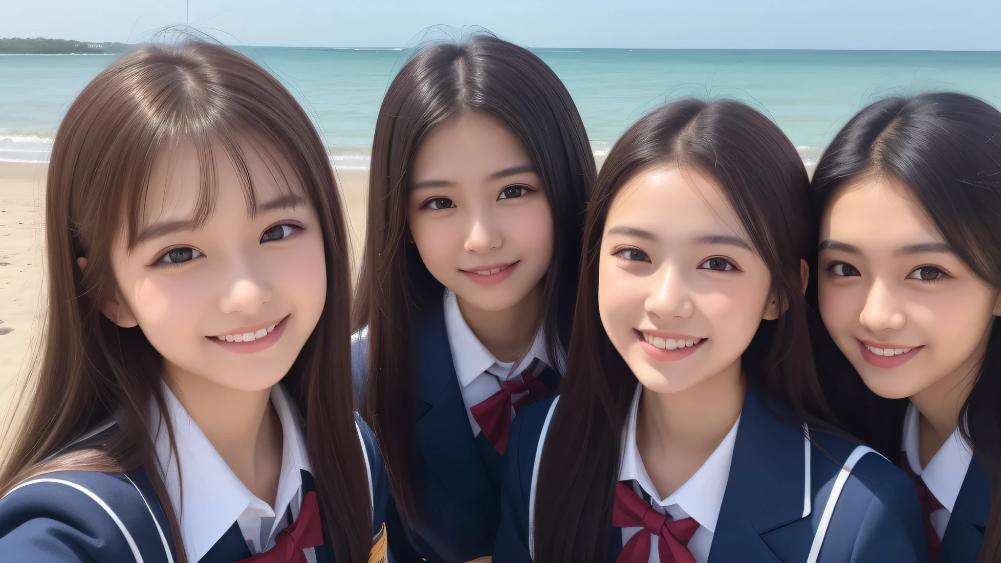 (1girl), (big smile), beautiful face, Amazing face and eyes, delicate, (Best Quality:1.4), (Ultra-detailed), (extremely detailed beautiful face), (princess hair cut style), cute smile, brown eyes, (highly detailed Beautiful face), (summer high school uniform:1.3), (extremely detailed CG unified 8k wallpaper), Highly detailed, High-definition raw color photos, Professional Photography, Realistic portrait, evening, Extremely high resolution, smiling, modern, trendy, fashionable, Group photo of high school girls, face close-up, (beach)