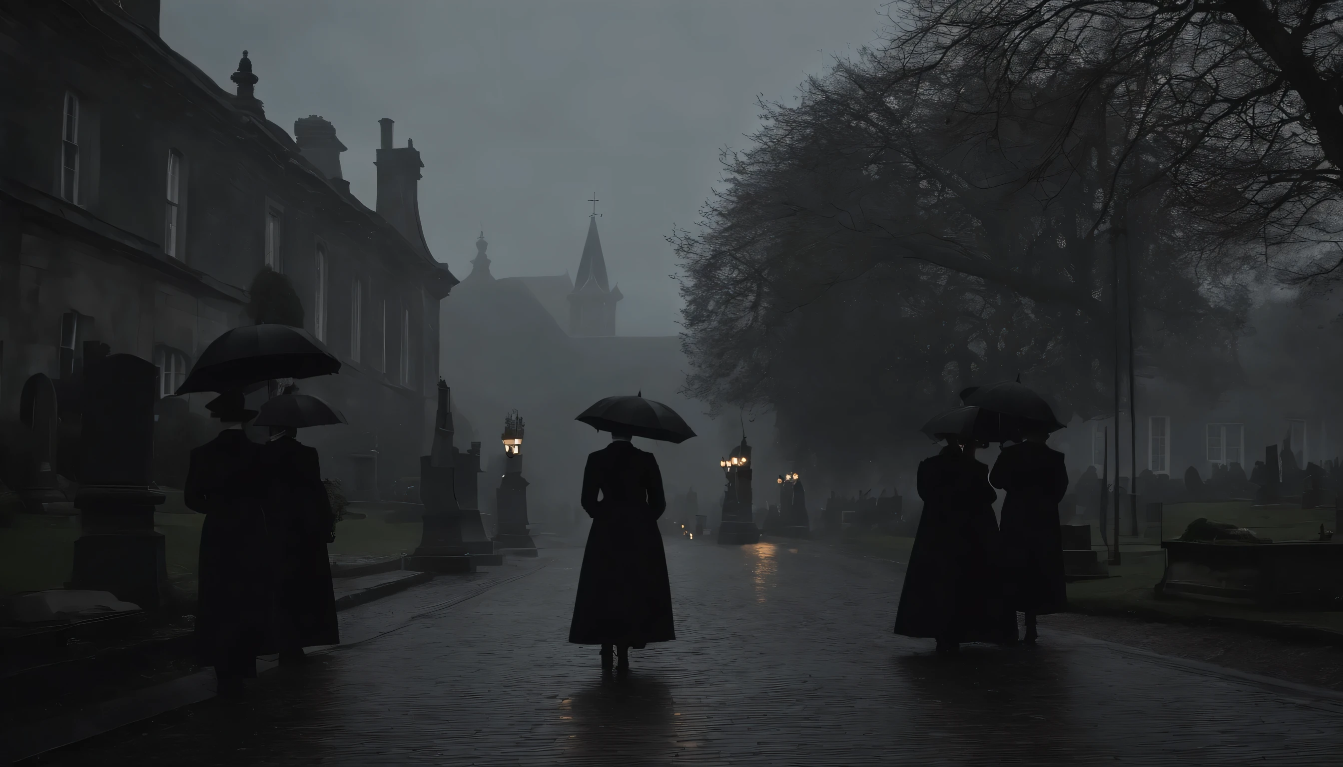 (best quality,4k,8k,highres,masterpiece:1.2),ultra-detailed,(realistic,photorealistic,photo-realistic:1.37), literature, historical, mourning, emotional, elegant, black-and-white, candlelit, regency era, somber mood, period costume, sorrowful, gloomy, dimly lit, church, graveyard, rainy day, gray sky, Victorian hearse, procession of mourners, tearful eyes, touched faces, black veils, melancholic atmosphere, soft lighting, subtle shadows, period architecture, delicate details, refined, quietly grieving figures, ornate tombstones, withered flowers, mournful hymns, hushed whispers, grief-stricken expressions, contemplative silence, heavy hearts, solemn ceremony, dignified farewell, legacy