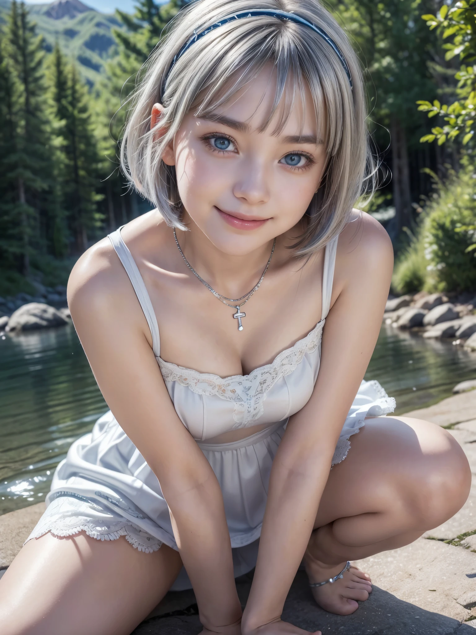 (masterpiece:1.3), (8K、photorealistic, Raw photo, best quality:1.4), (1 girl), (solo), (15 year old beautiful silver-haired Scandinavian girl), (Very beautiful and attractive woman, beautiful silver hair、intense blue eyes, strong eye highlights), (cute, little:1.5), (very beautiful face:1.5), (Beautiful face with perfect symmetry:1.2), (cute face:1.5), (wonderful smile:1.2), (perfect anatomy), (high detail skin: 1.2), (natural breasts), (beautiful thighs), (Intense blue eyes), (Beautiful silver hair bob cut), crossed bangs, asymmetrical bangs, lip gloss, (accurate arm, five fingers, accurate legs), (Detailed white dress, mini skirt:1.2), (The dress features white detailed lace., Decorated with silver embroidery), (Silver decorative headband, necklace), (Stylish high heels), Attractive, ultra high resolution, Super realistic, extremely detailed, golden ratio, Photorealistic anime girl rendering, Realistic anime 3D style, look at viewer, A summer resort in the highlands, Beautiful mountain and forest background, ((beautiful smile)),