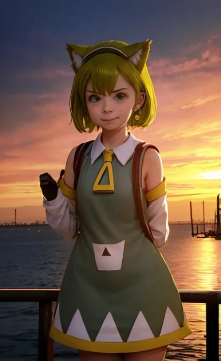 ,1girl, solo, green hair, open mouth, cat ear, tail, detached sleeves, dress, clothes, backpack, randoseru, Venezia, beautiful city with a view of the ocean, sunset, she is watching the sunset,cute girl pose,