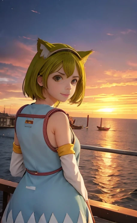 ,1girl, solo, green hair, open mouth, cat ear, tail, detached sleeves, dress, clothes, backpack, randoseru, Venezia, beautiful city with a view of the ocean, sunset, she is watching the sunset,cute girl pose,