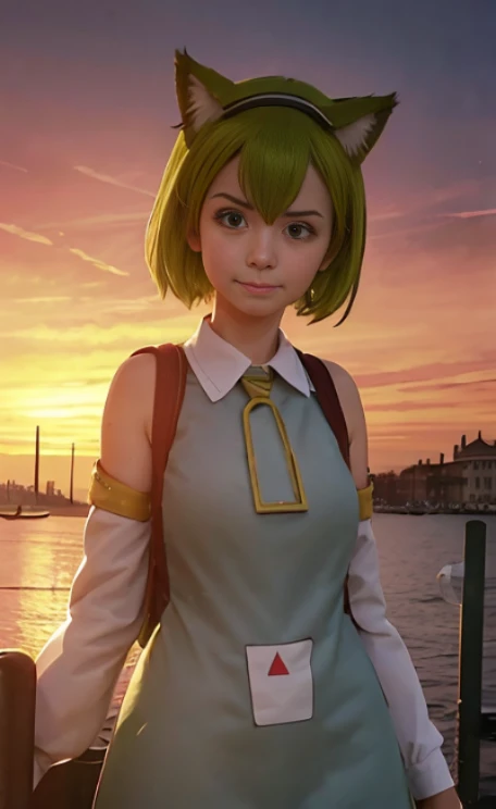 ,1girl, solo, green hair, open mouth, cat ear, tail, detached sleeves, dress, clothes, backpack, randoseru, Venezia, beautiful city with a view of the ocean, sunset, she is watching the sunset,cute girl pose,