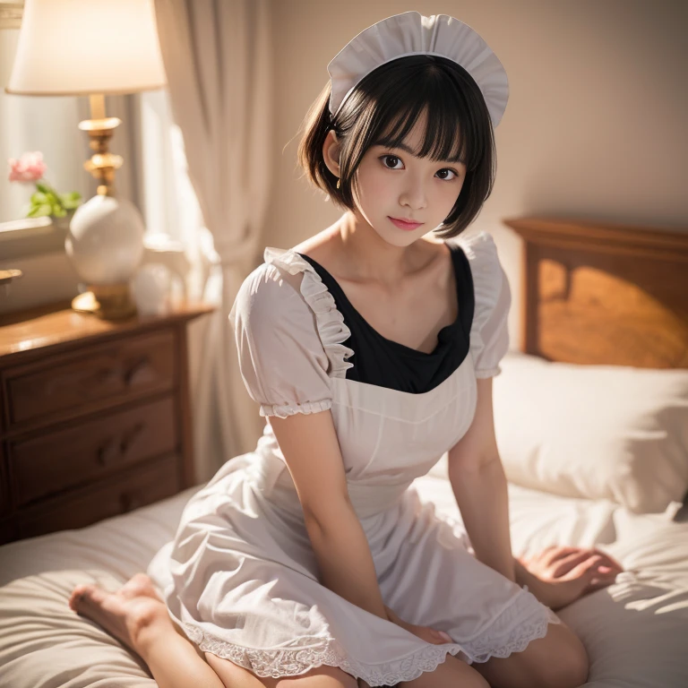 ulzzang -6500-v1.1, (Raw foto:1.2), (Photorealsitic:1.4), a beautiful detailed girl, extremely detailed eye and face, beatiful detailed eyes, Ridiculous, unbelievable Ridiculous, huge filesize, ultra-detailliert, hight resolution, ighly detailed, top-quality, ​masterpiece、One girl，White and pink theme、Kawaii Girl、White and pink maid costume、Pink bra、White corset、Pink Panties、White ruffles、White see-through stockings、garterbelts、Dance hall、Have a plate、Stand up and guide your customers、a 18 year old girl、Cute smile、A slight smil、short-cut、bobhair、View from the window、Young skinny sexy idol、Undersized breasts、Smaller chest、Phetcha Pai、fully body photo、sitted、Bend your knees and open legs、M-shaped legs、Short stature girls、flat chest、flat chest、Phetcha Pai