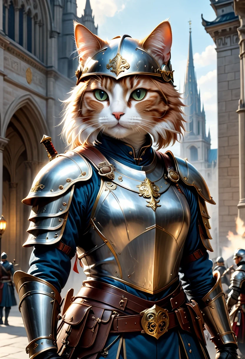 (Extremely detailed and realistic CG, masterpiece, best quality, Super detailed),(Anthropomorphic Cat:1.5)，A cat knight in armor，Holding the holy sword，wearing a helmet，slim，holy sword，middle Ages，Creative character design, Whimsical cartoon style, 32k Ultra HD，steampunk, St. Paul's Metropolitan Cathedral, (best lighting, best shadow, extremely delicate and beautiful), Dynamic angle, movie atmosphere, Gorgeous metal holy sword,smokes, steam, period clothing, bright colors.