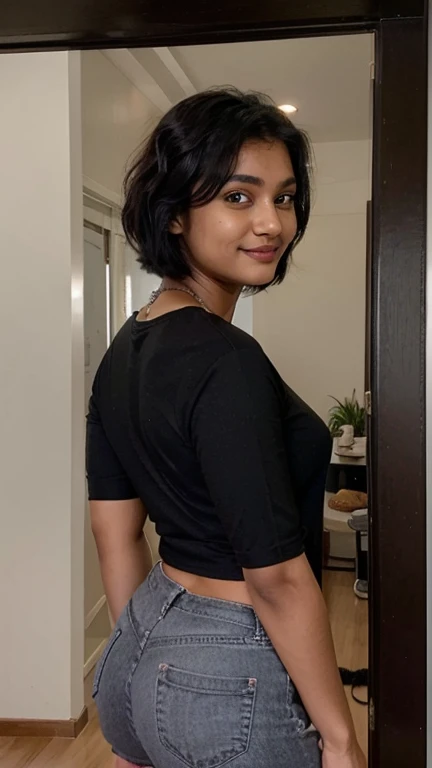 Indian girl, drooping eyes, cute smile, model face, brown skin, 18 years old, big , wearing tight black shirt, selfie, short black hair, looking at viewer, inside room
