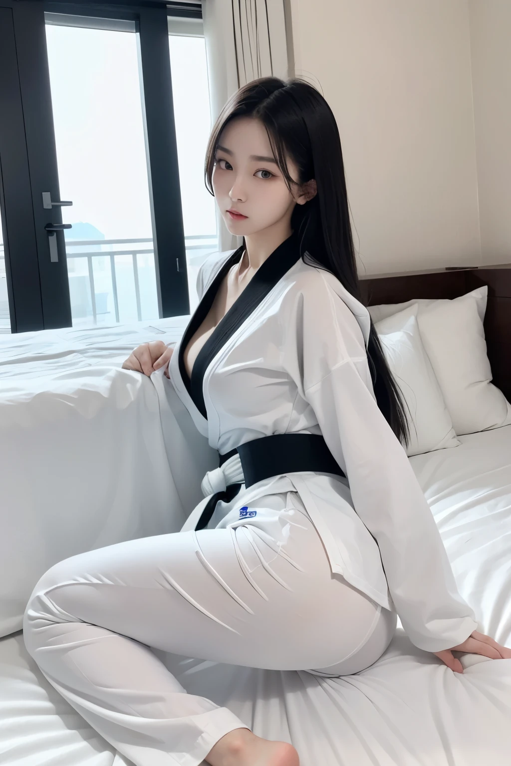 masterpiece, ultra details, best quality, 1 korean taekwondo girl, masterpiece, ultra details, best quality, black long straight hair, wearing white World Taekwondo Federation dobok with black v-neck, wearing taekwondo blackbelt, wearing white martial arts pants without pockets, large butt, large breasts, laying on hotel bed showing butt, sweating, seductive facial expression