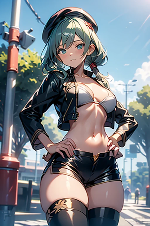 ubel,dark green hair,long hair,side ponytail,hair between eyes,bangs, BREAK (beret, black jacket, open clothes, (cleavage:1.3),(small and cute nipples:0.8) midriff, black shorts, black thighhighs, thigh strap, fingerless gloves, single glove:1.2) BREAK blurry background, BREAK pose, hand on hip, BREAK (masterpiece:1.2), best quality, high resolution, unity 8k wallpaper, (illustration:0.8), (beautiful detailed eyes:1.6), extremely detailed face, perfect lighting, extremely detailed CG, (perfect hands, perfect anatomy)、ideal body proportionedium chest:1.1), cleavage:2、happy smile,Bustling seashore,her thin pubic hair, looking at viewer,
